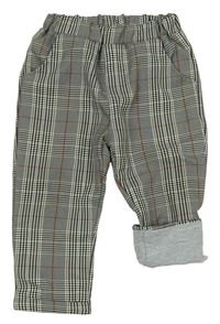 Béžovo-šedé kostkované podšité kalhoty 