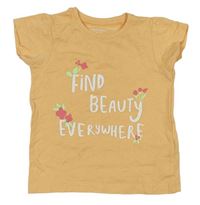 Meruňkové tričko s nápisem a květy Primark