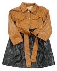 Černo-skořicové koženkové šaty s páskem 
