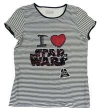 Bílo-černé pruhované tričko s nápisy z překlápěcích flitrů - Star Wars M&S