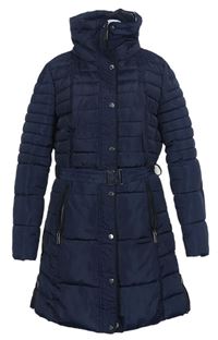 Dámský tmavomodrý šusťákový zimní kabát s páskem a ukrývací kapucí  Reserved 