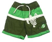 Khaki-zelené pruhované plážové kraťasy s želvou GAP