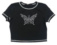 Černé crop tričko s motýlkem z flitrů Shein
