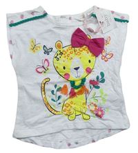 Bílé melírované tričko s kočičkou a motýlky a puntíky M&Co