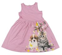 Světlerůžové šaty s koťátkem a štěňátkem a motýlky a andulkami H&M