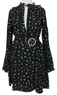 Dámské černé kytičkované košilové šaty s páskem H&M