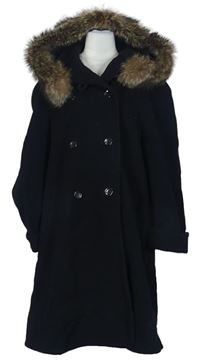 Dámský černý vlněný kabát s kapucí s kožíškem Laura Lebek 