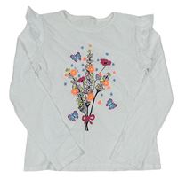 Bílé triko s kytičkami a motýlky a volánky 