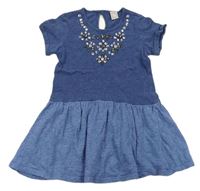 Tmavomodro-modré bavlněné šaty s kamínky Tu