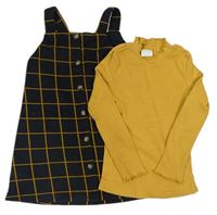 2set- Hořčicové žebrované triko se stojáčkem + Tmavomodro-medové kostkované šaty s knoflíčky F&F