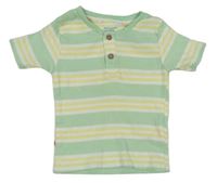 Zelenkavo-bílo-žluté pruhované žebrované tričko s knoflíky Primark