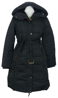 Dámský černý šusťákový zimní péřový kabát s páskem a kapucí Zara 