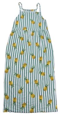 Bílo-tmavozelené pruhované maxi letní šaty s ananasy Tu