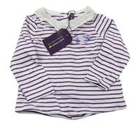 Bílo-purpurové pruhované triko se zvířátkem a kytičkami a volánkem SeRGeNT MaJoR
