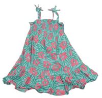 Tyrkysovo-zeleno-růžové květované lehké šaty s listy Primark