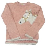 Růžový chlupatý svetr s koníkem kids