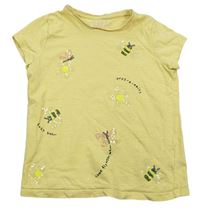 Žluté tričko s kytičkami a včelkami z flitrů F&F