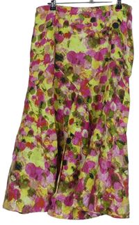 Dámská žluto-zeleno-růžová květovaná midi lněná sukně M&S
