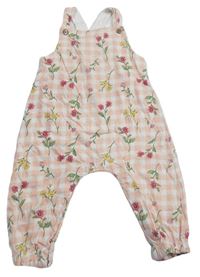 Růžovo-bílé kostkované bavlněné laclové kalhoty s květy Nutmeg
