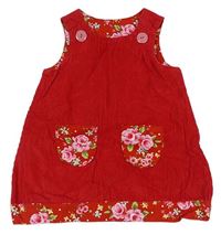 Červené manšestrové šaty s květy 