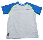 Bílo-modré sportovní funkční tričko s neonově zelenými pruhy a nápisem Decathlon