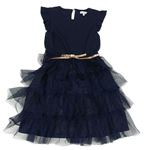 Tmavomodré šaty s tylovou sukní a páskem Bluezoo